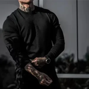 Autunmn Mem's T-shirts Round Neck Long Sleeve Gym Wear Solid Color Casual Male Pullover Tee Minimalist 9C6641