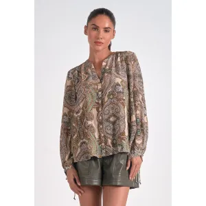 Beige Paisley Blouse with Bubble Sleeves