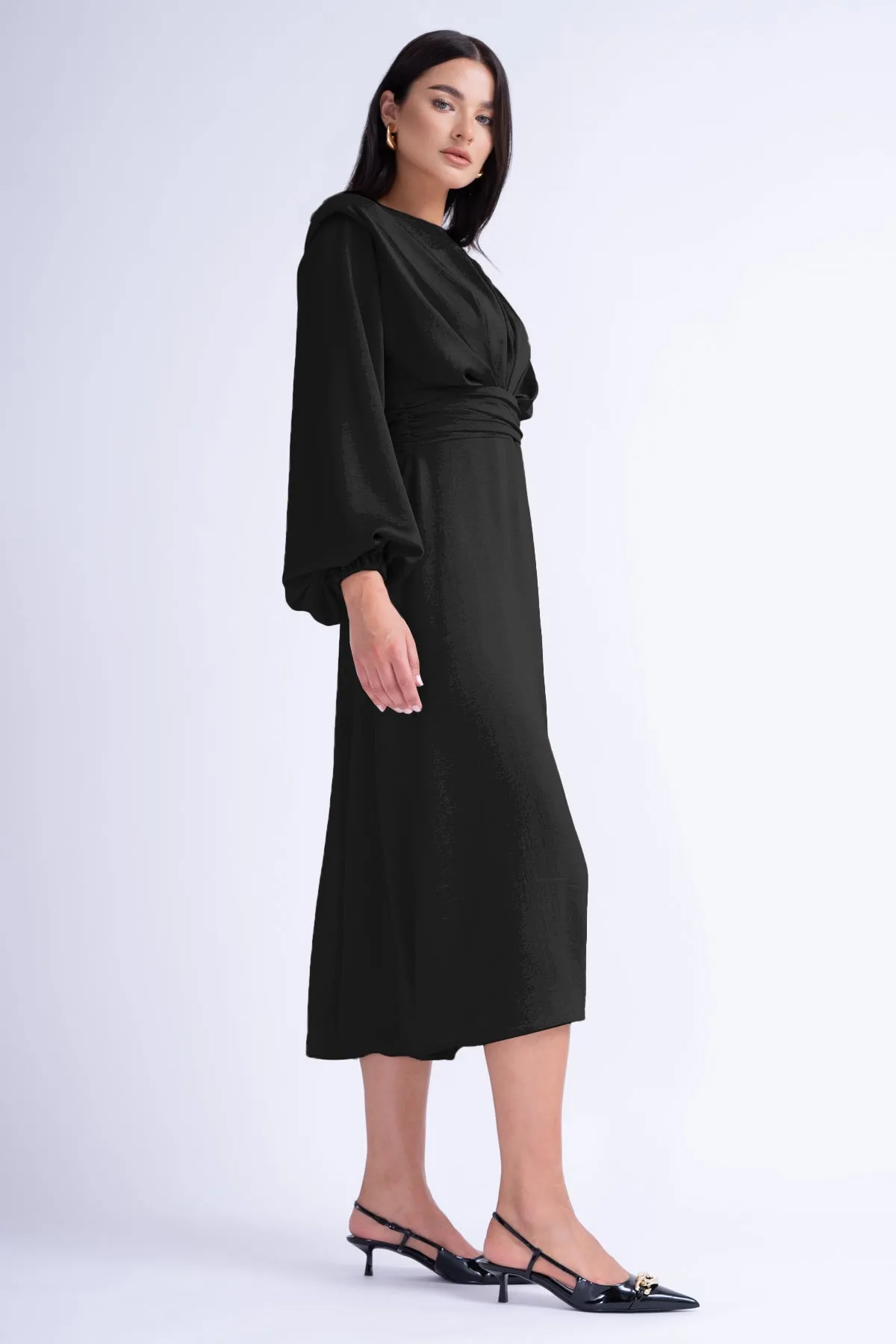 Black Midi Dress With Shoulder Pads Detail And Pleats