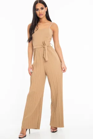 Camel Strapless Belted Pleated Wide Leg Jumpsuit - Jasmine