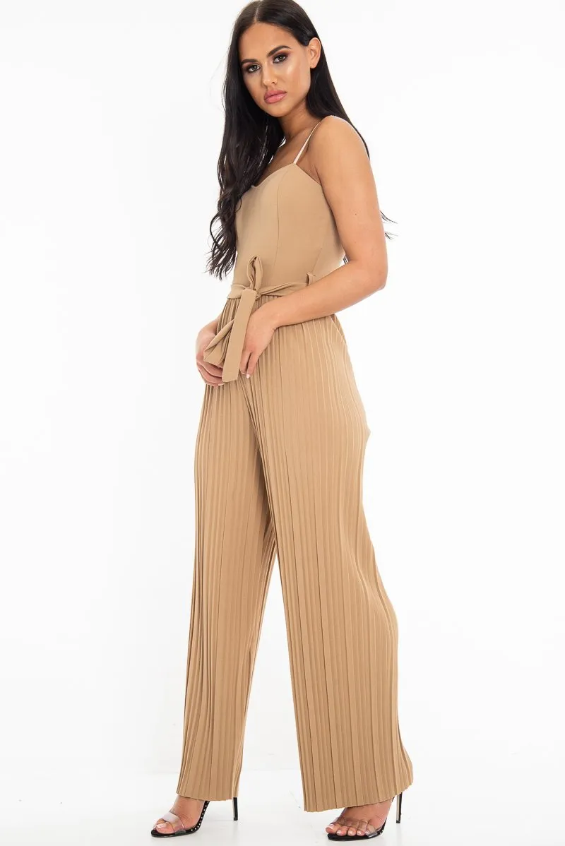 Camel Strapless Belted Pleated Wide Leg Jumpsuit - Jasmine