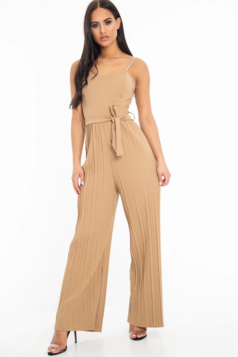 Camel Strapless Belted Pleated Wide Leg Jumpsuit - Jasmine