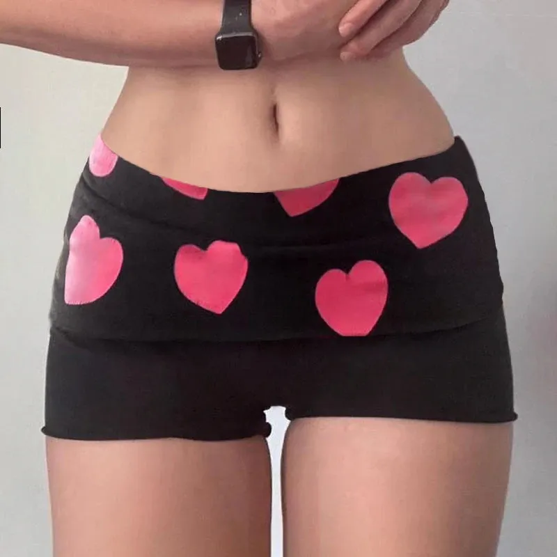 Casual Heart Printed Skinny Summer Shorts Women Kawaii Korean Style Foldover Waist Hottie Y2K Hotpants Homewear Girls