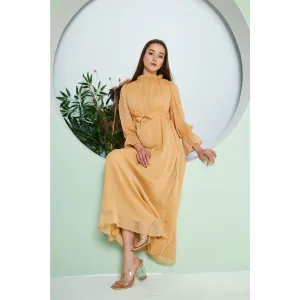 Chiffon Mustard Pleated Neck Dress