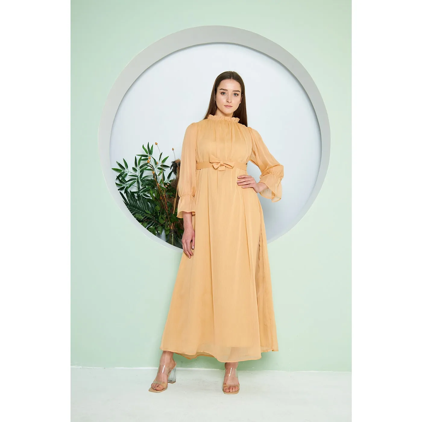 Chiffon Mustard Pleated Neck Dress