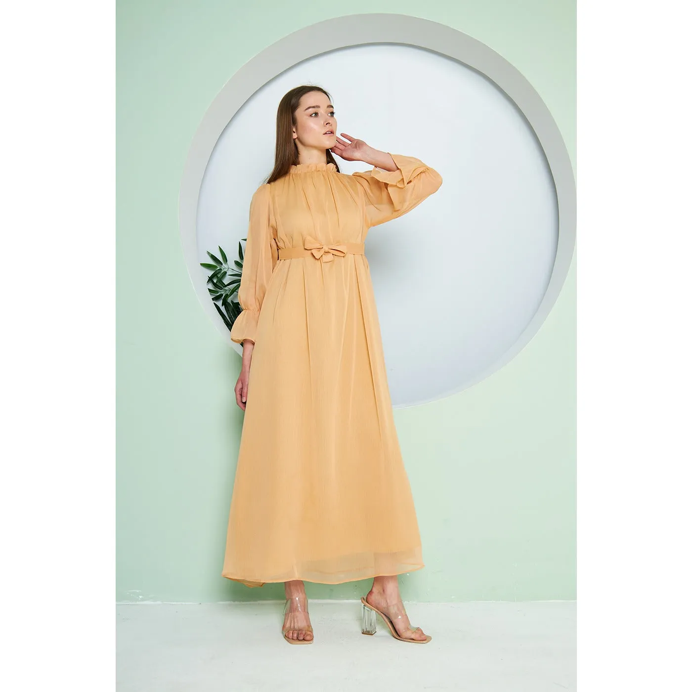 Chiffon Mustard Pleated Neck Dress