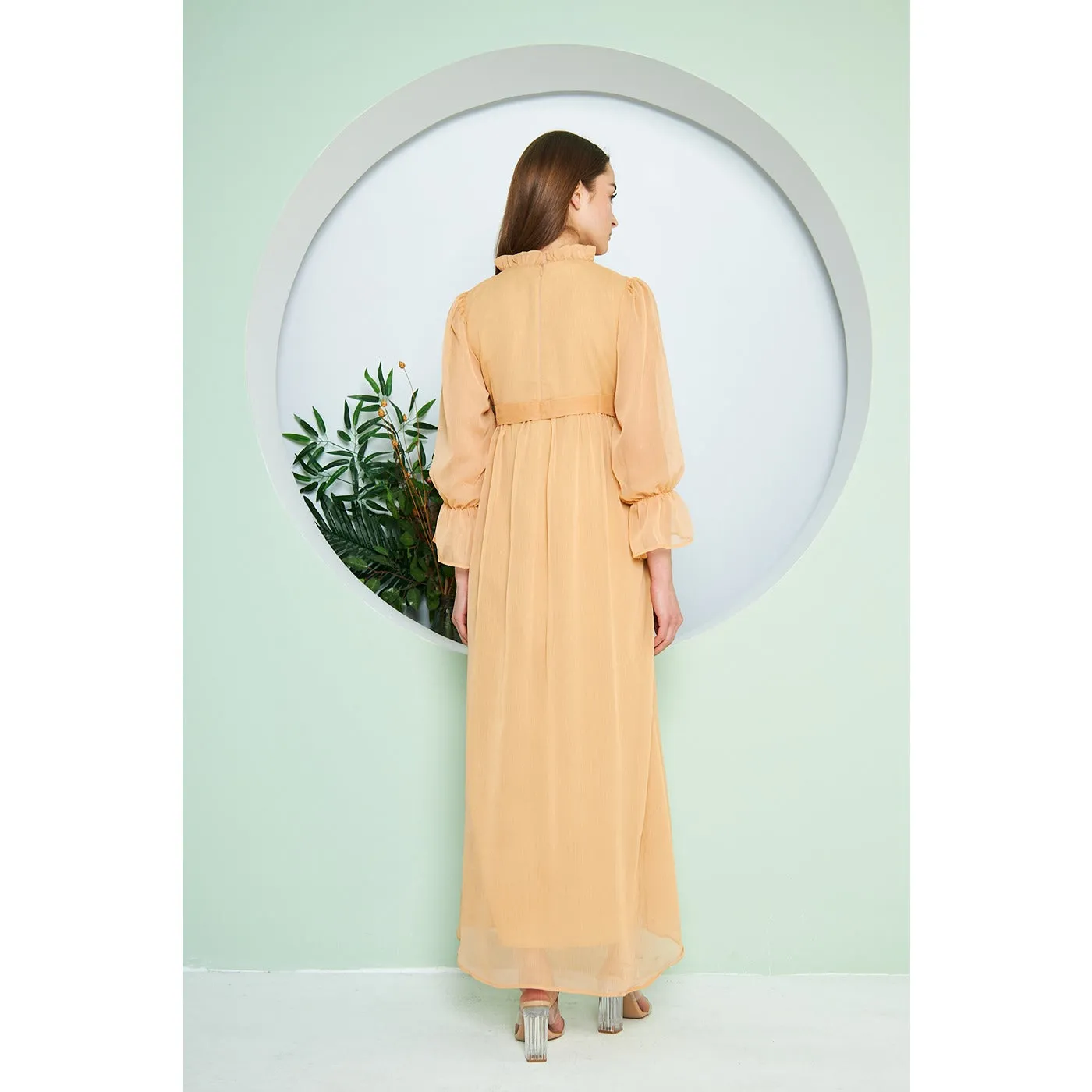 Chiffon Mustard Pleated Neck Dress