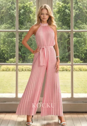 Classic&Timeless Halter Neck Sleeveless Pleats Satin Mother of Bride Cocktail Pantsuits with Belt