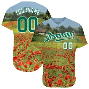 Custom Green Kelly Green-White 3D Pattern Design Flowers Authentic Baseball Jersey