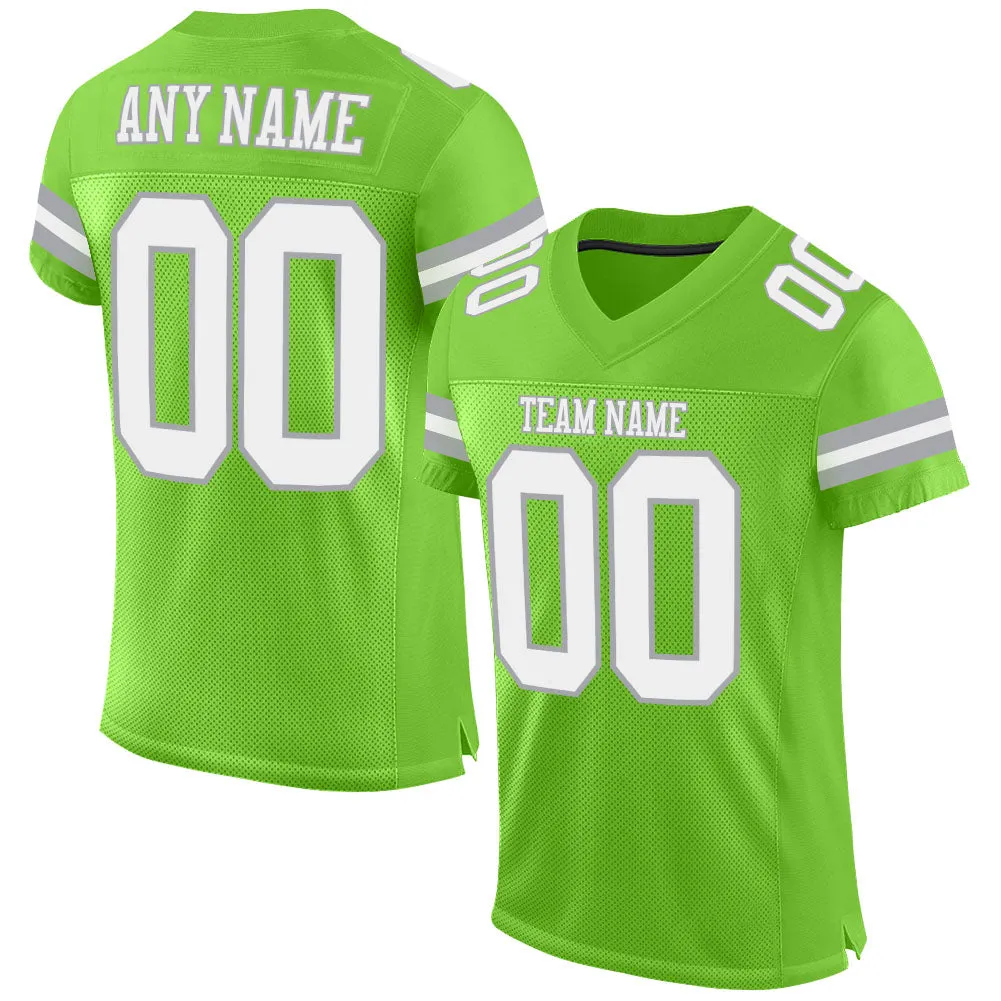 Custom Neon Green White-Gray Mesh Authentic Football Jersey