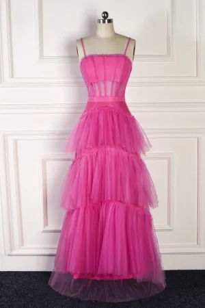 Hot Pink Spaghetti Straps A-Line Tulle Tiered Long Party Dress