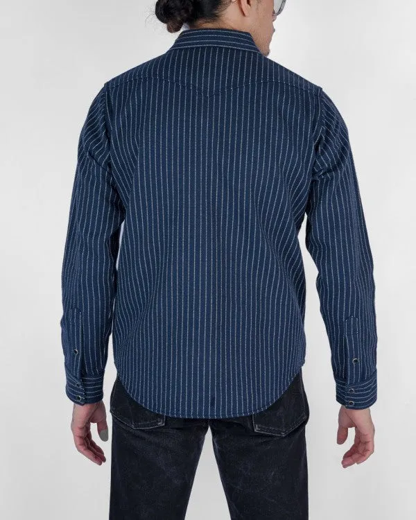 Iron Heart IHSH-401 12oz Ultra Heavy Flannel Chalk Stripe Western Shirt - Navy