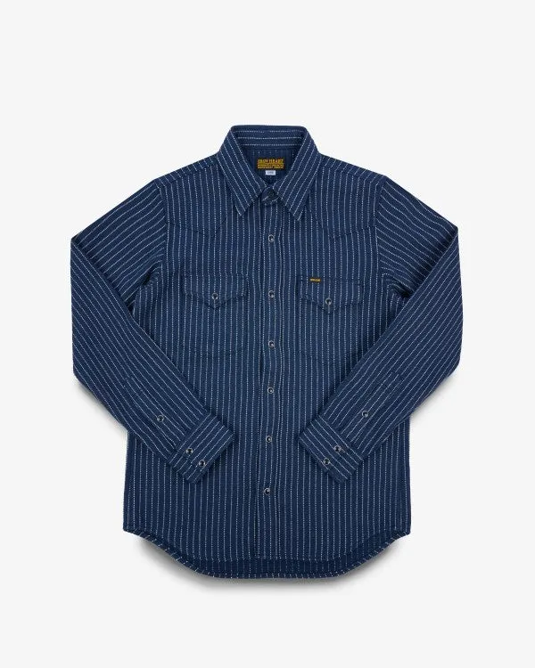 Iron Heart IHSH-401 12oz Ultra Heavy Flannel Chalk Stripe Western Shirt - Navy