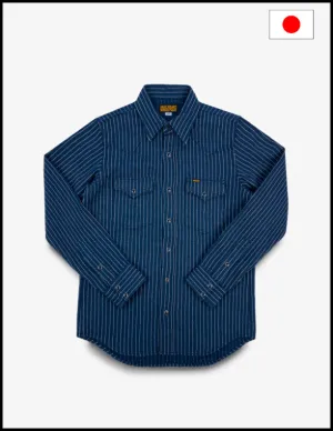 Iron Heart IHSH-401 12oz Ultra Heavy Flannel Chalk Stripe Western Shirt - Navy