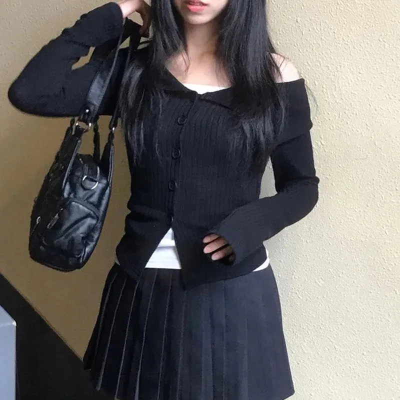 Korean Style Black Knit Women T-shirts Slim Basic Buttons Up Autumn Tee Long Sleeve Casual Kawaii Top Clothing Spring