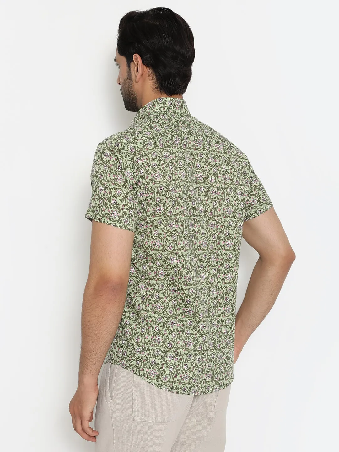 Light green Short Sleeve Cotton Hand Block Printed Men’s Shirt