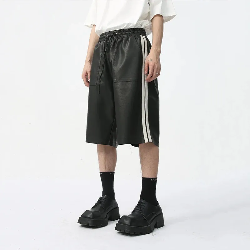 Men's PU Leather Shorts Casual Summer Side White Stripes Fashion Trend Elastic Waist Loose Male Chaparejos 9C5679