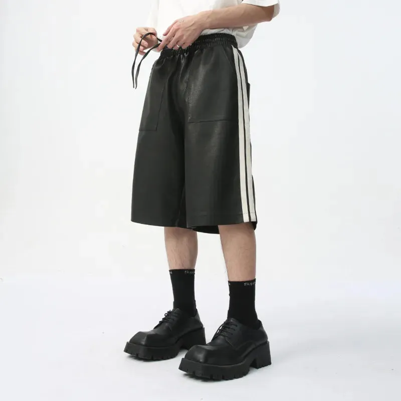 Men's PU Leather Shorts Casual Summer Side White Stripes Fashion Trend Elastic Waist Loose Male Chaparejos 9C5679