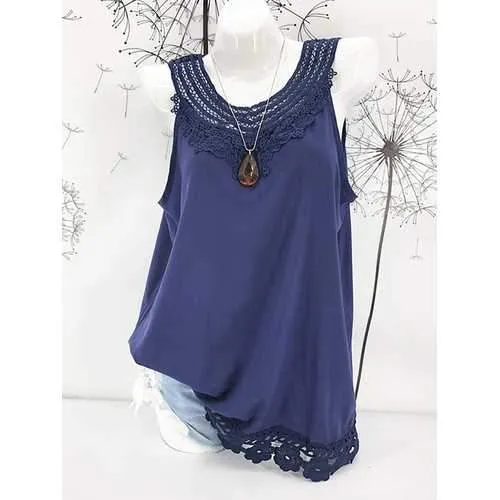 Plus Size Cotton Pure Color Lace Hem Tank Tops