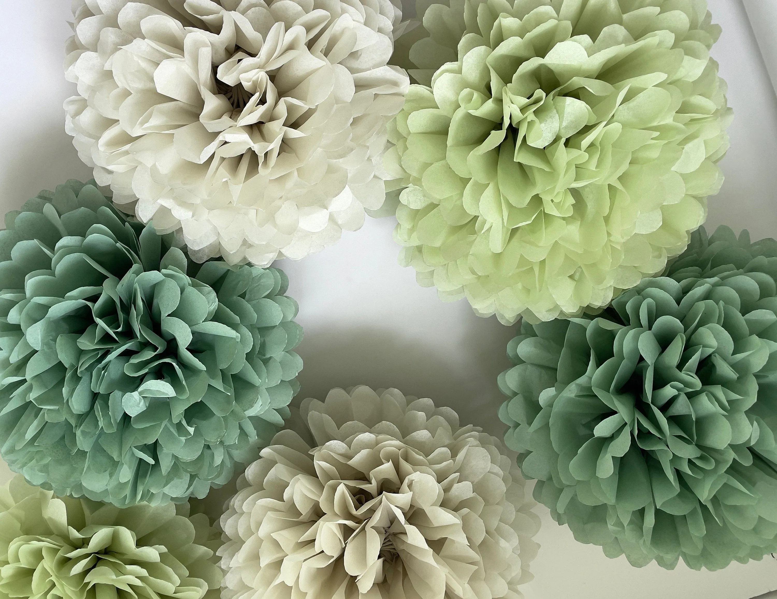 Pom pom set of 16 large size  sage green Tissue paper pom poms | dusty green Paper flowers | Wedding decor | cream and green party decor