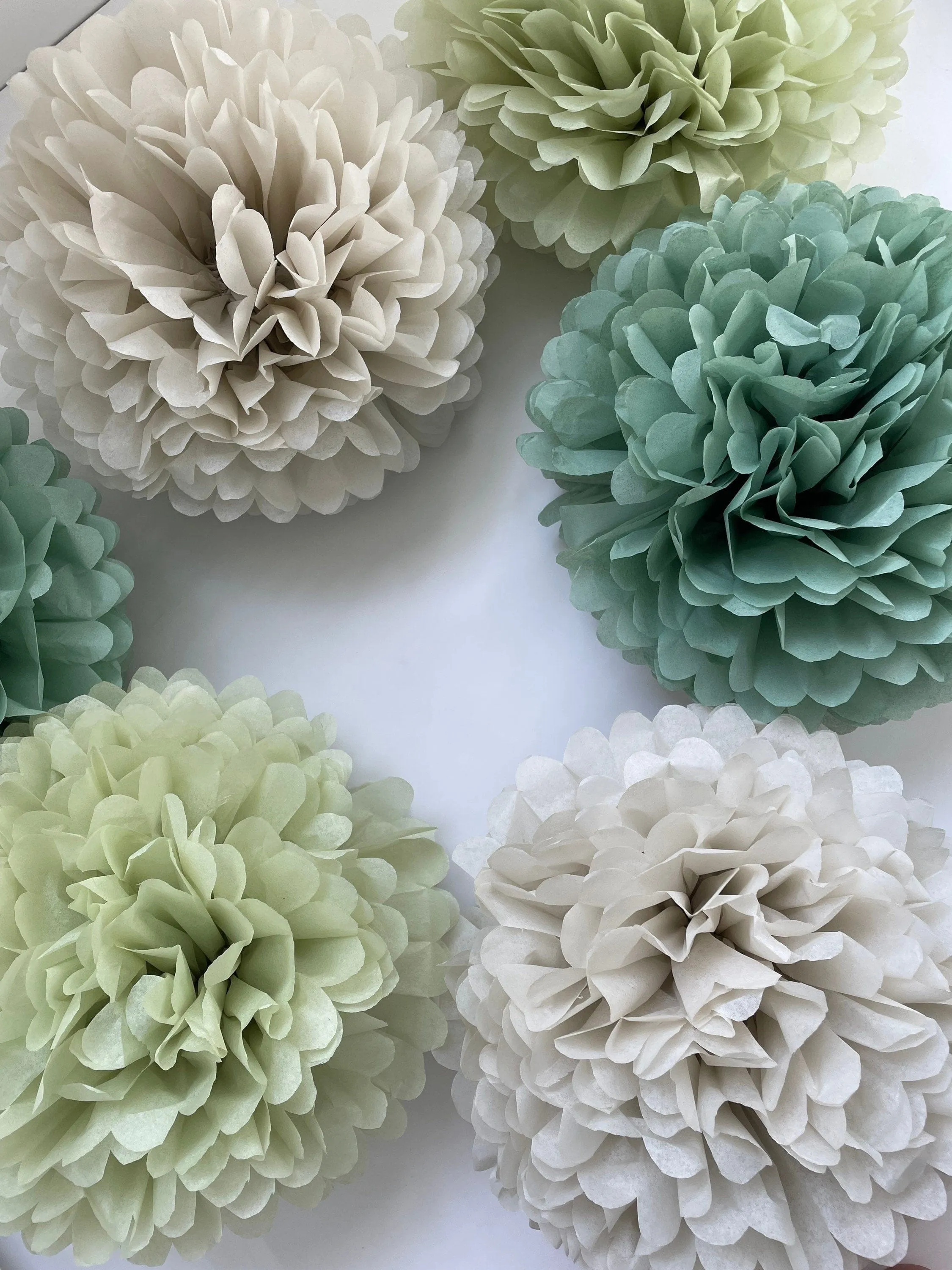 Pom pom set of 16 large size  sage green Tissue paper pom poms | dusty green Paper flowers | Wedding decor | cream and green party decor