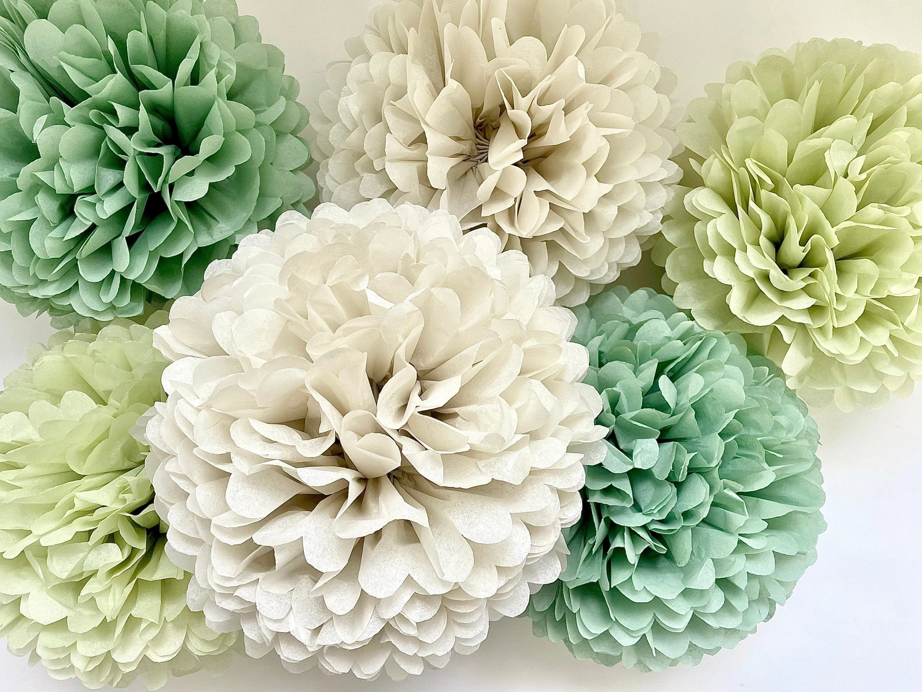 Pom pom set of 16 large size  sage green Tissue paper pom poms | dusty green Paper flowers | Wedding decor | cream and green party decor