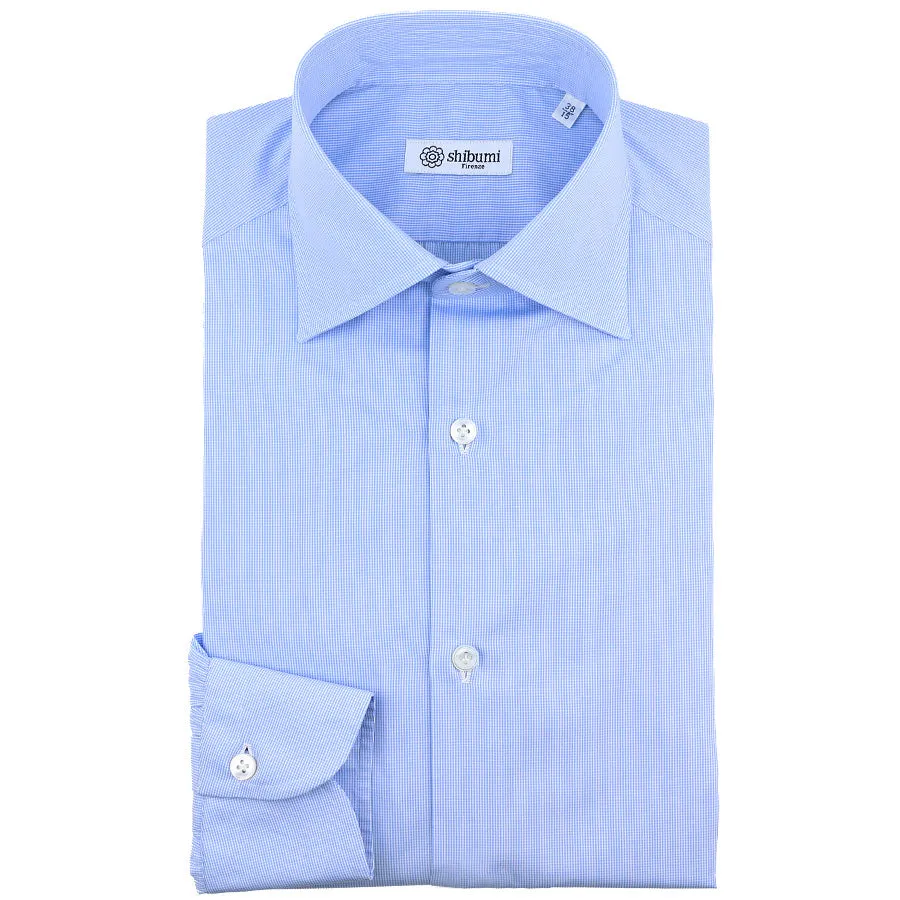 Poplin Houndstooth Semi Spread Shirt - Sky Blue - Regular Fit