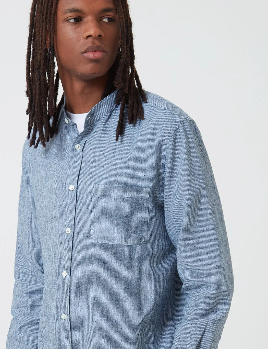 Portuguese Flannel Latitude Grandad Collar Shirt - Blue