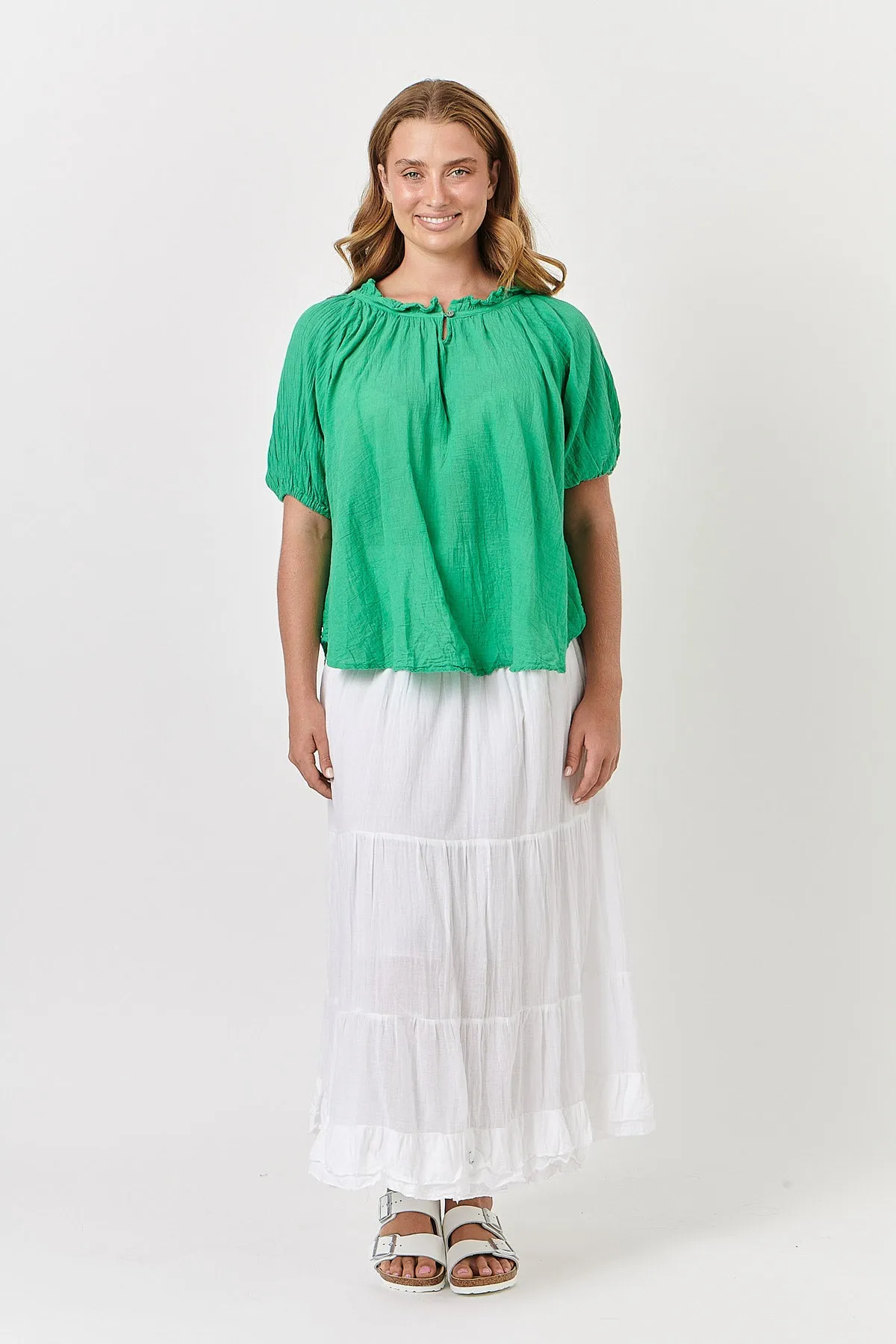 Puff Sleeve Cotton Top in Emerald