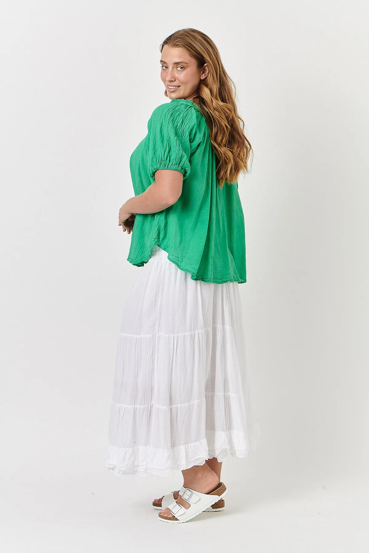 Puff Sleeve Cotton Top in Emerald