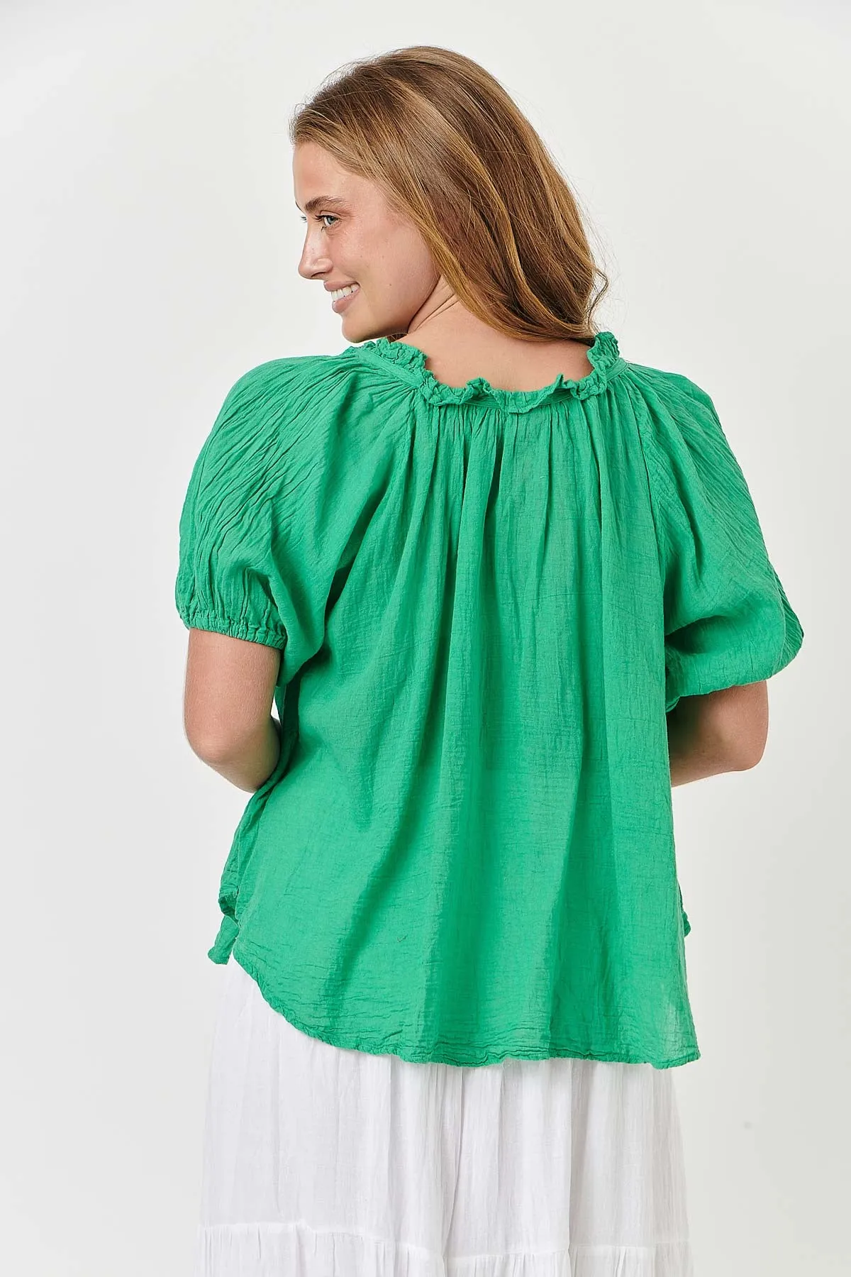 Puff Sleeve Cotton Top in Emerald