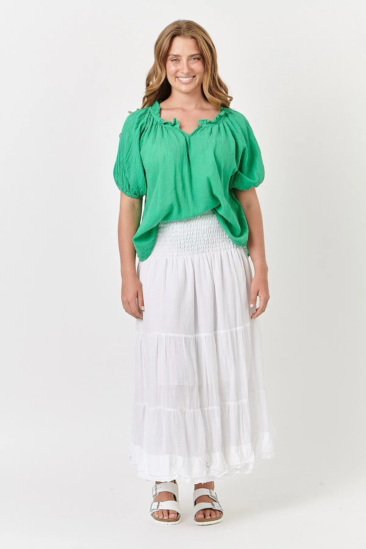 Puff Sleeve Cotton Top in Emerald