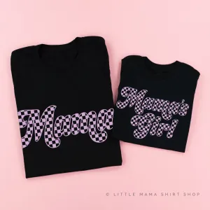 Retro Checkers - MAMA MAMA'S GIRL - PURPLE DESIGN - Set of 2 BLACK Shirts