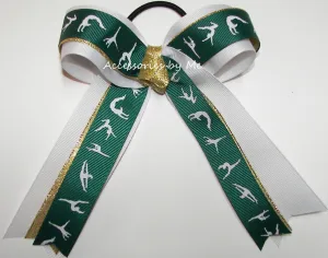 Sparkly Gymnastics Green White Gold Ponytail Bow