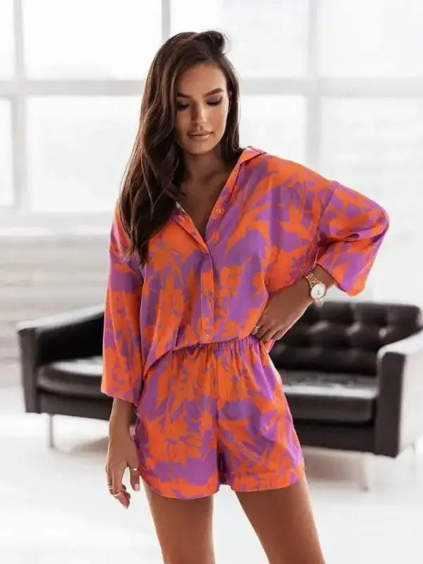 Women’s Bright Printed Long Sleeve Notch Collar Top And Short Set