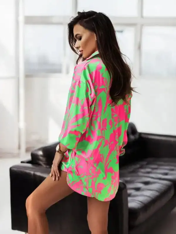 Women’s Bright Printed Long Sleeve Notch Collar Top And Short Set