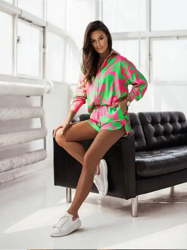 Women’s Bright Printed Long Sleeve Notch Collar Top And Short Set