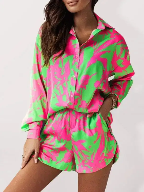 Women’s Bright Printed Long Sleeve Notch Collar Top And Short Set