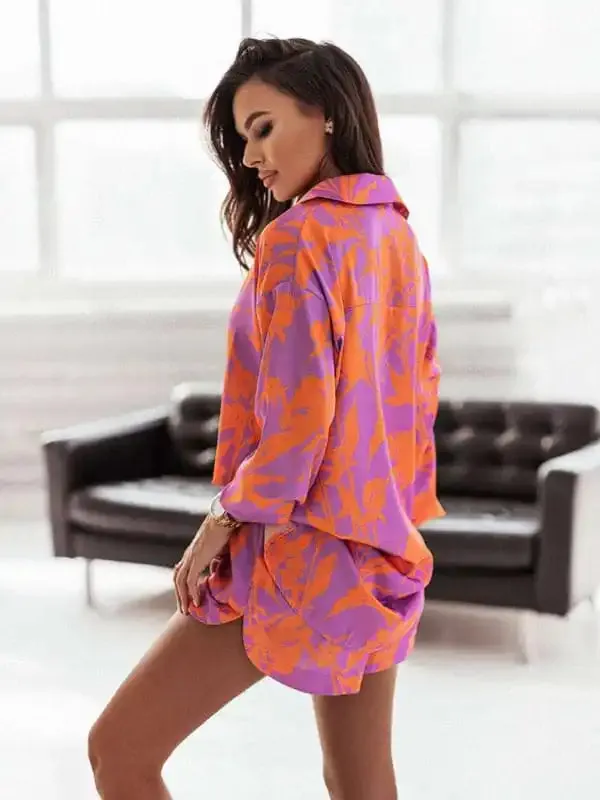 Women’s Bright Printed Long Sleeve Notch Collar Top And Short Set