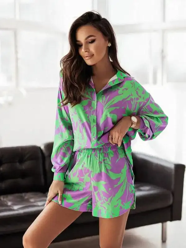 Women’s Bright Printed Long Sleeve Notch Collar Top And Short Set