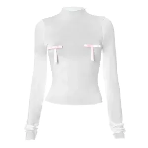 Y2k Cute Bows Sheer White Crop Tops Coquette Clothes Aesthetic Ladies T Shirt Long Sleeve Going Out Top P85-AI14